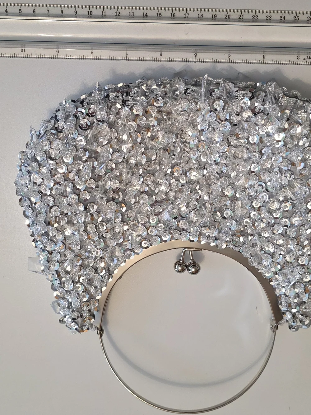 Silver Sequin Evening Clutch Bag with Metal Handle